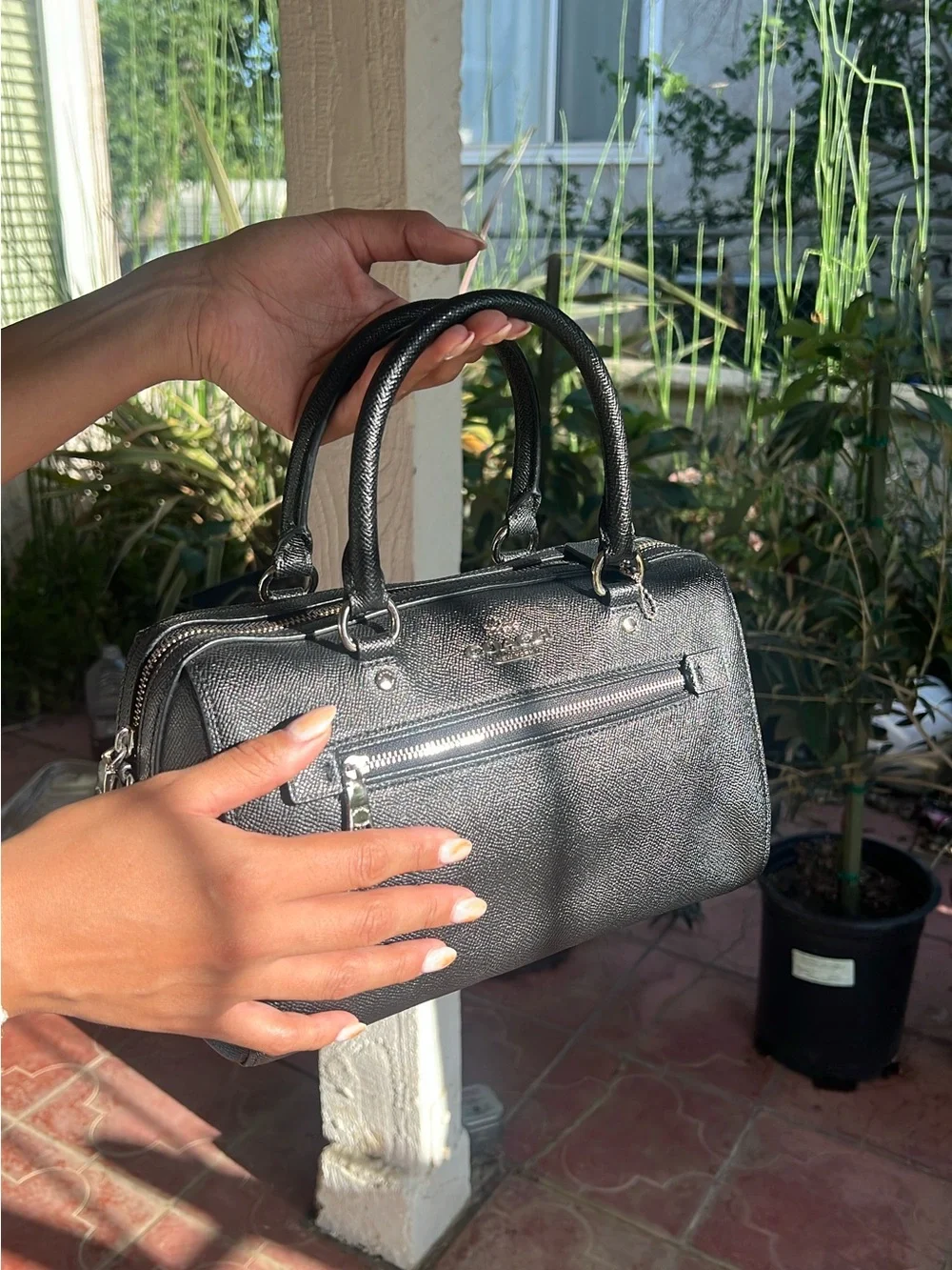 Coach Black Leather Barrel Satchel with Silver Hardware
